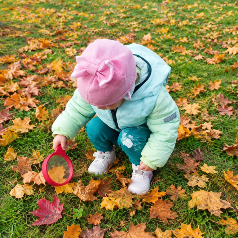 Rudens tyrinėtoja su didinamuoju stiklu